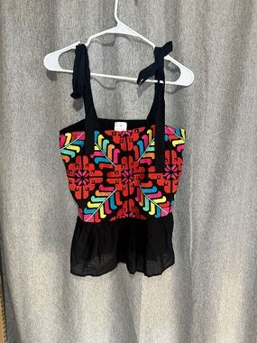 J.Marie Collections Black Embroidered Tie-Strap Peplum Top - Medium